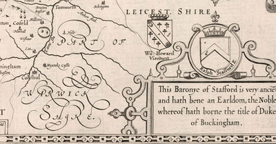 Old Monochrome Carte of Staffordshire, 1611 par John Speed ​​- Stafford, Wolverhampton, Stoke-on-Trent, Birmingham, Walsall, Dudley