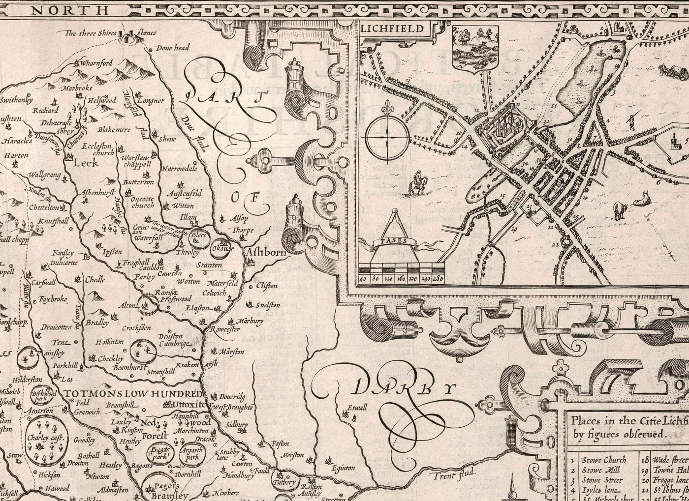 Alte monochrome Karte von Staffordshire, 1611 von John Speed-Stafford, Wolverhampton, Stoke-on-Trent, Birmingham, Walsall, Dudley