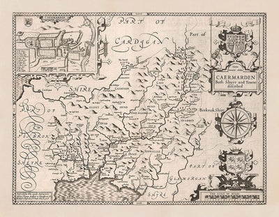 Old monochrome Carte of Carmarthenshire Wales, 1611 par John Speed ​​- Carmarthen, Llanelli, Llandovery, Ammanford