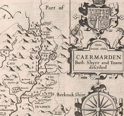 Antiguo mapa monocromo de Carmarthenshire, Gales, 1611 por John Speed - Carmarthen, Llanelli, Llandovery, Ammanford