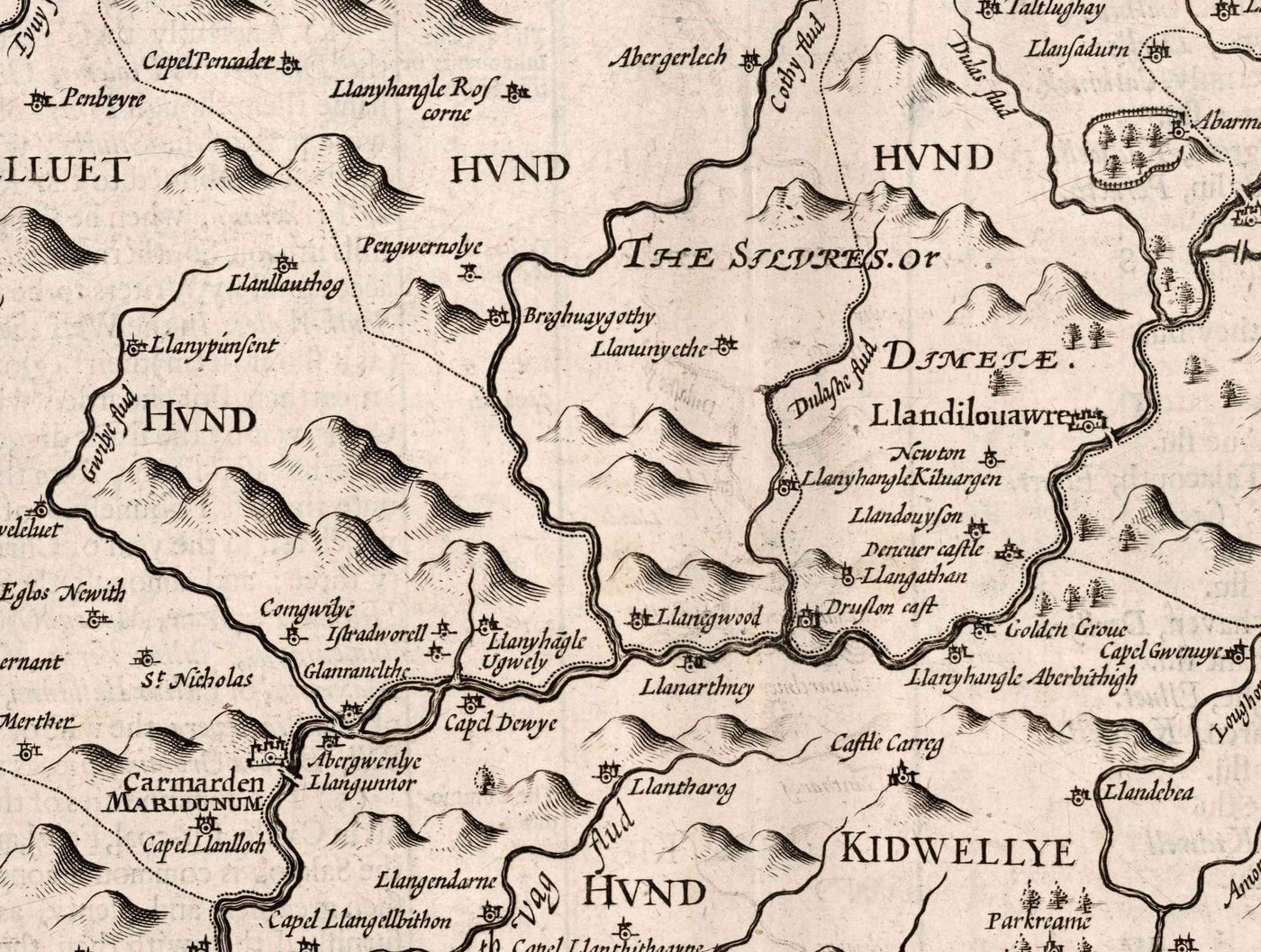 Old Monochrome Map of Carmarthenshire Wales, 1611 by John Speed - Carmarthen, Llanelli, Llandovery, Ammanford