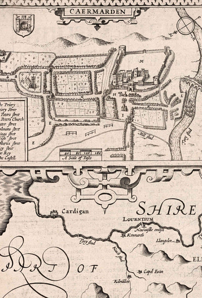 Alte monochrome Karte von Carmarthenshire Wales, 1611 von John Speed ​​- Carmarthen, Llanelli, Llandovery, Ammanford