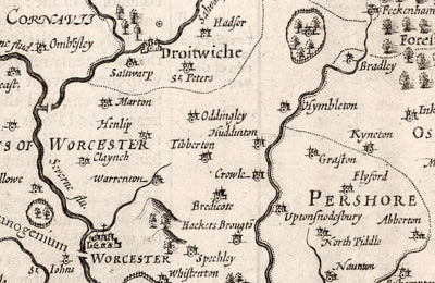 Old Monochrome Map of Worcestershire, 1611 by John Speed - Worcester, Bromsgrove, Kidderminster, Malvern, Droitwich