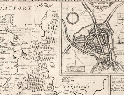 Old monochrome Carte of Worcestershire, 1611 par John Speed ​​- Worcester, Bromsgrove, Kidderminster, Malvern, Droitwich