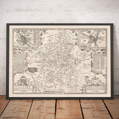 Alte monochrome Karte von Staffordshire, 1611 von John Speed-Stafford, Wolverhampton, Stoke-on-Trent, Birmingham, Walsall, Dudley