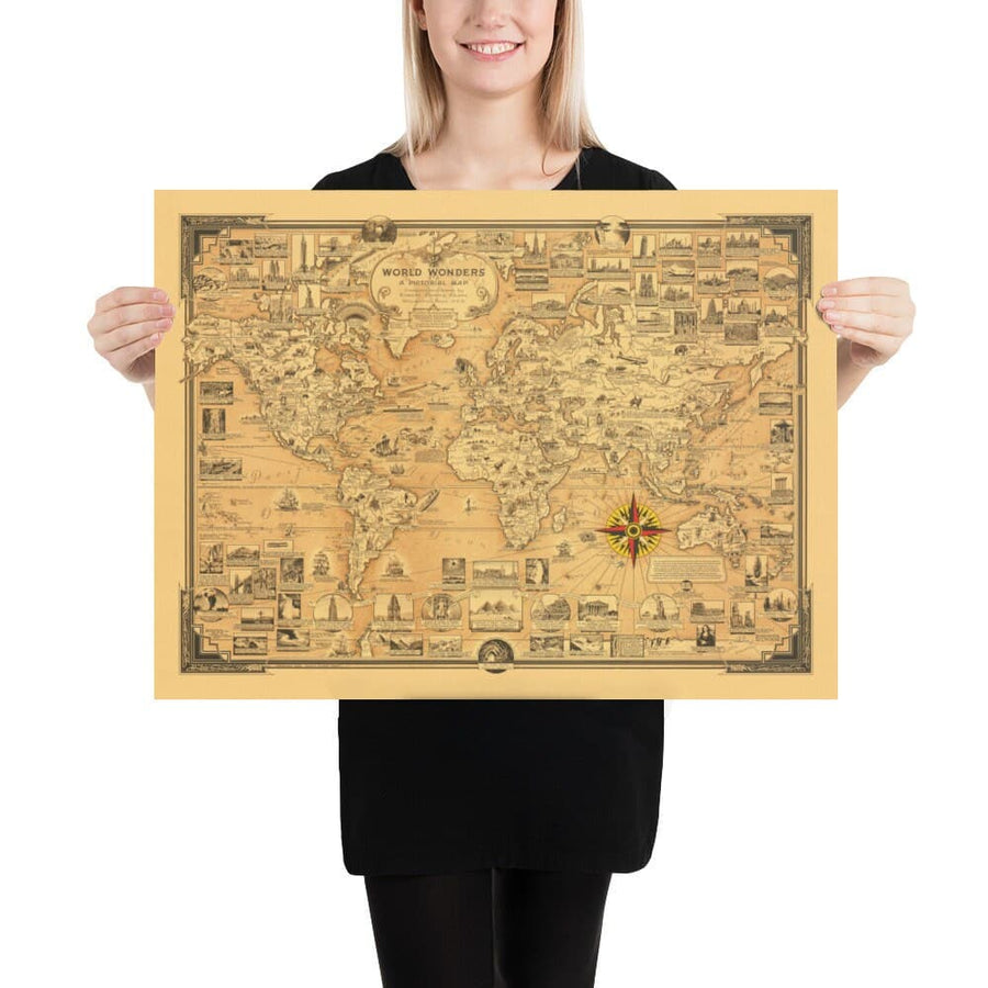 Alte sieben Weltwunder Atlas Karte, 1939 - Antik und Modern - Pyramiden, Empire State, Stonehenge 