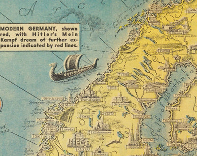 Carte de la Seconde Guerre mondiale, 1939 par Ernest Dudley Chase - Rêve d'Hitler d'expansion - Territoire nazi en Allemagne