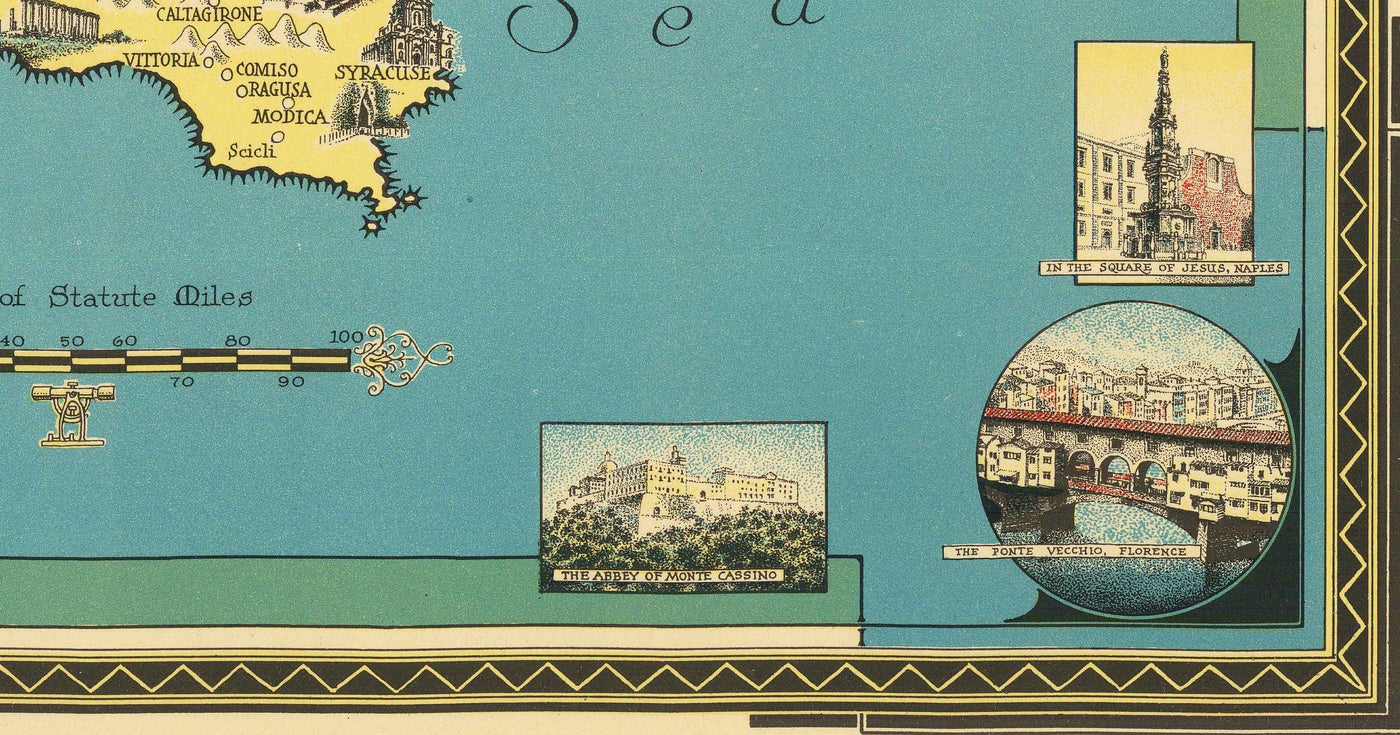Antiguo mapa pictórico de Italia, 1935 por E. Chase - Hitos ilustrados, Vaticano, Venecia, Florencia, Roma, Cerdeña