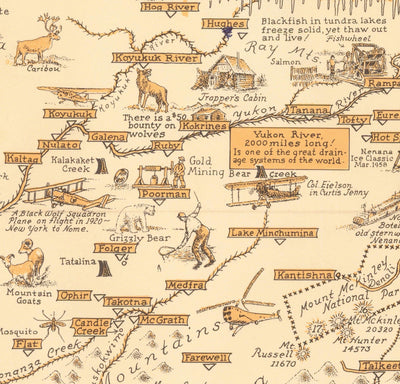 Ancienne carte picturale de l'Alaska, États-Unis par E. Chase, 1958 - Anchorage, ours, exploitation d'or, villes, montagnes, etc.