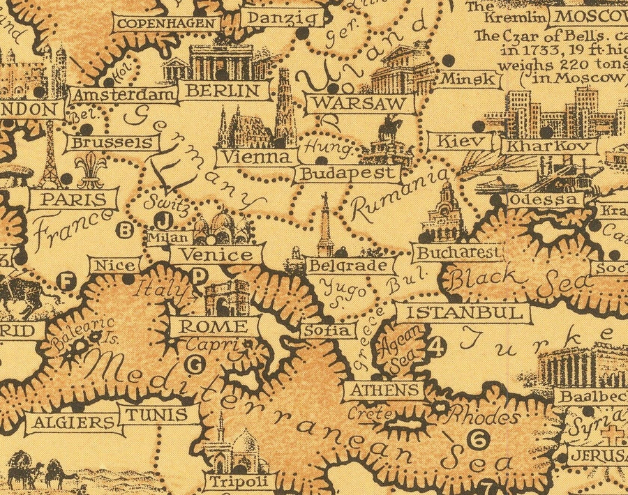 Alte sieben Weltwunder Atlas Karte, 1939 - Antik und Modern - Pyramiden, Empire State, Stonehenge 