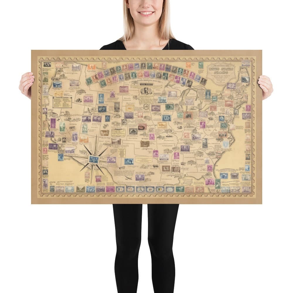 Antiguo mapa de sellos de los EE.UU. por E. Chase, 1949 - Historia de los Correos de los Estados Unidos - Presidentes, Lugares de Interés, Coleccionista