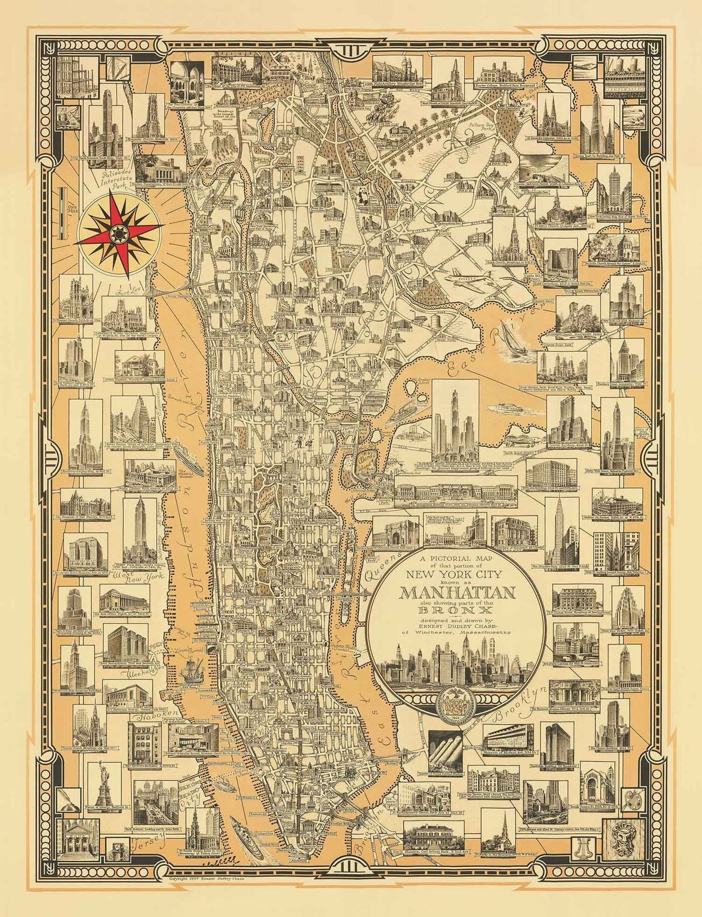 Antiguo mapa pictórico de Manhattan y el Bronx, 1939, por E. Chase - Lugares de interés, rascacielos, río Hudson