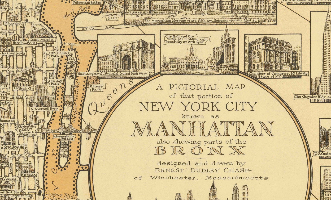 Alte Bildkarte von Manhattan & The Bronx, 1939 von E. Chase - Wahrzeichen, Wolkenkratzer, Hudson River