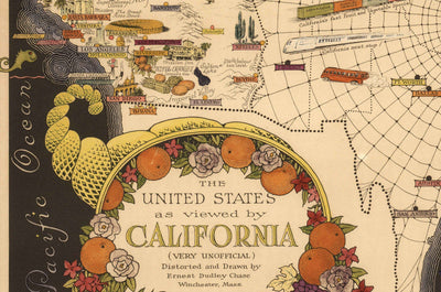 Un mapa de los Estados Unidos "típicamente californiano", por E. Chase, 1940 - Distorsión no oficial del Oeste contra el Este de los Estados Unidos