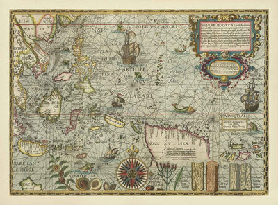 Antiguo mapa de las Islas de las Especias del Sudeste Asiático, 1598 por Wolfe - Indias Orientales Holandesas - Indonesia, Borneo, Monstruos Marinos