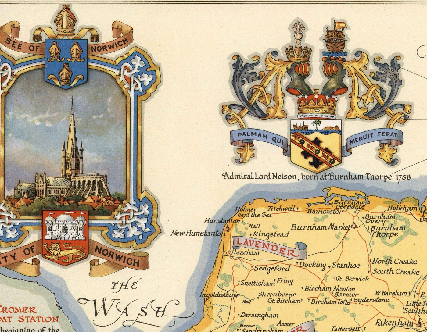 Alte Karte von Norfolk von Ernest Clegg, 1945 - Sandringham, Norwich, Yarmouth, Winston Churchill, Lord Nelson, WW2