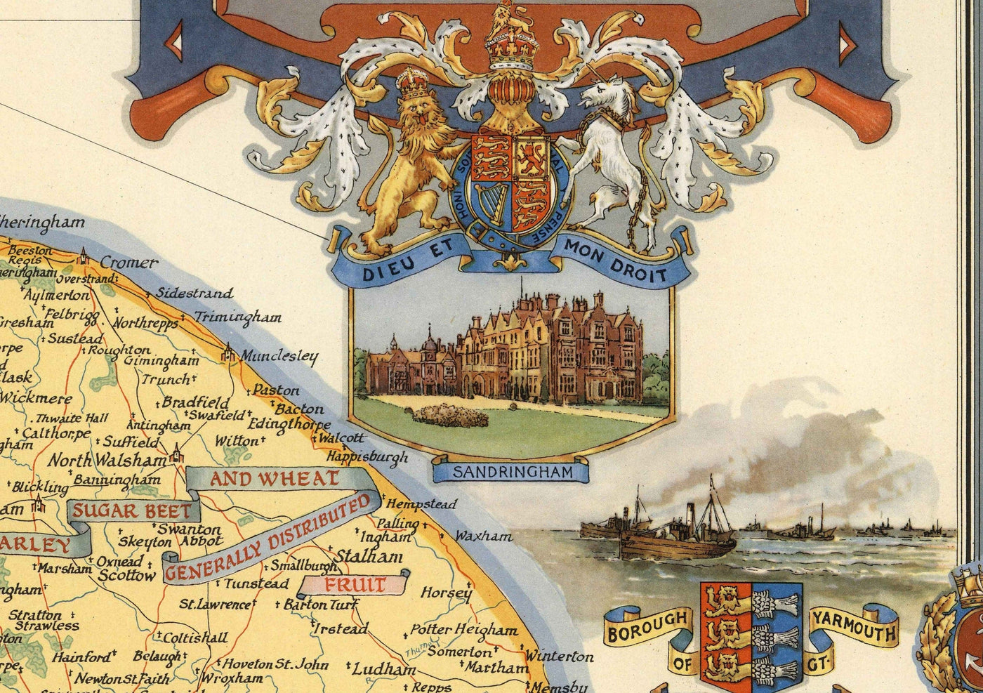 Antiguo mapa de Norfolk por Ernest Clegg, 1945 - Sandringham, Norwich, Yarmouth, Winston Churchill, Lord Nelson, WW2