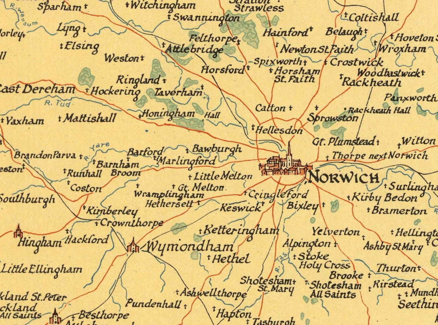 Ancienne carte du Norfolk par Ernest Clegg, 1945 - Sandringham, Norwich, Yarmouth, Winston Churchill, Lord Nelson, WW2