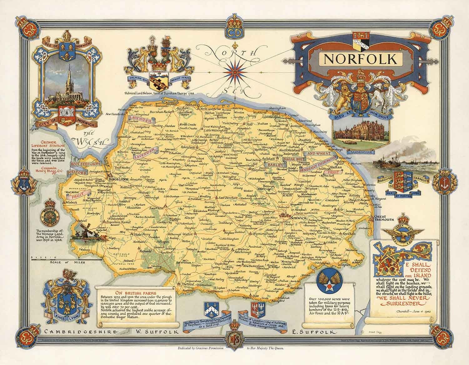 Old Map Of Norfolk By Ernest Clegg 1945 Sandringham Norwich Yarmo old-map-of-norfolk-by-ernest-clegg-1945-sandringham-norwich-yarmo