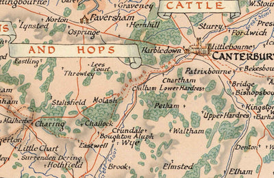 Alte Karte von Kent von Ernest Clegg, 1947 - Canterbury, 2. Weltkrieg, Churchill, Schlacht um Großbritannien, Dover, Sevenoaks
