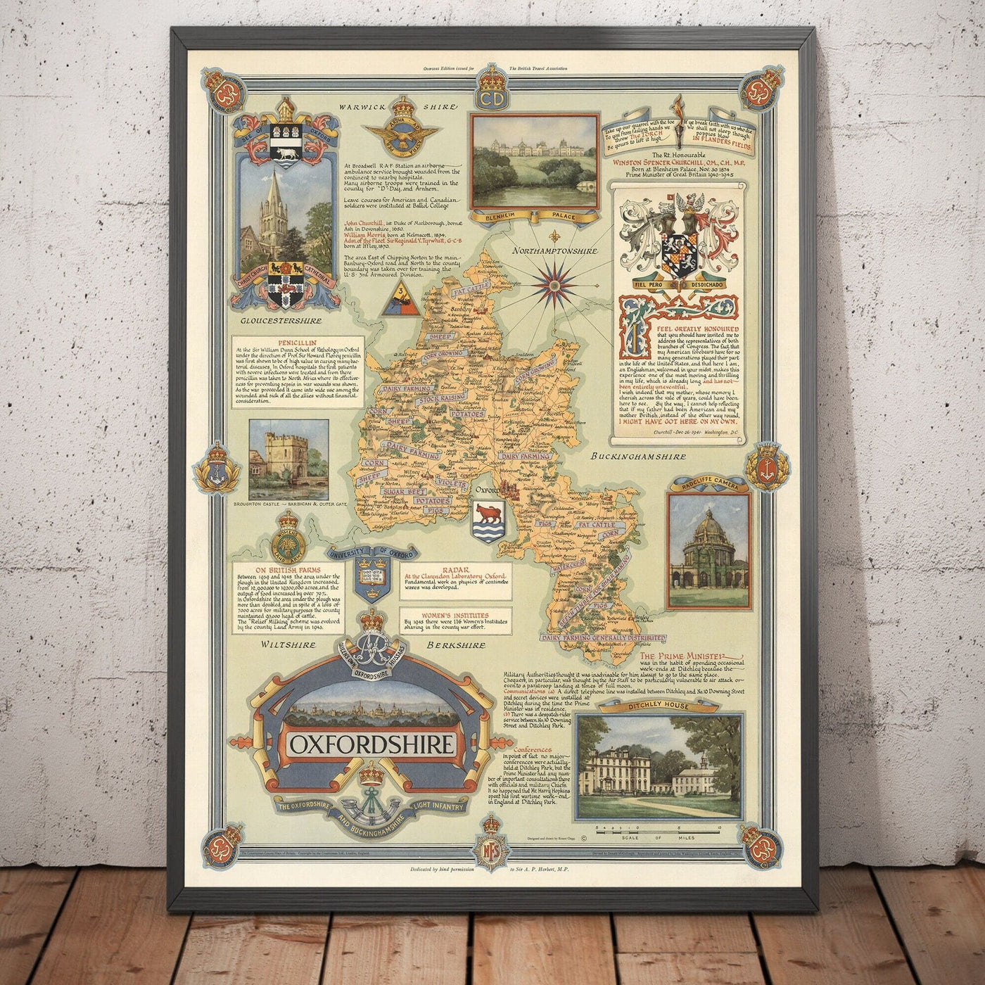Alte Karte von Oxfordshire von Ernest Clegg, 1947 - Universität Oxford, Blenheim Palace, Churchill, Bicester, Banbury