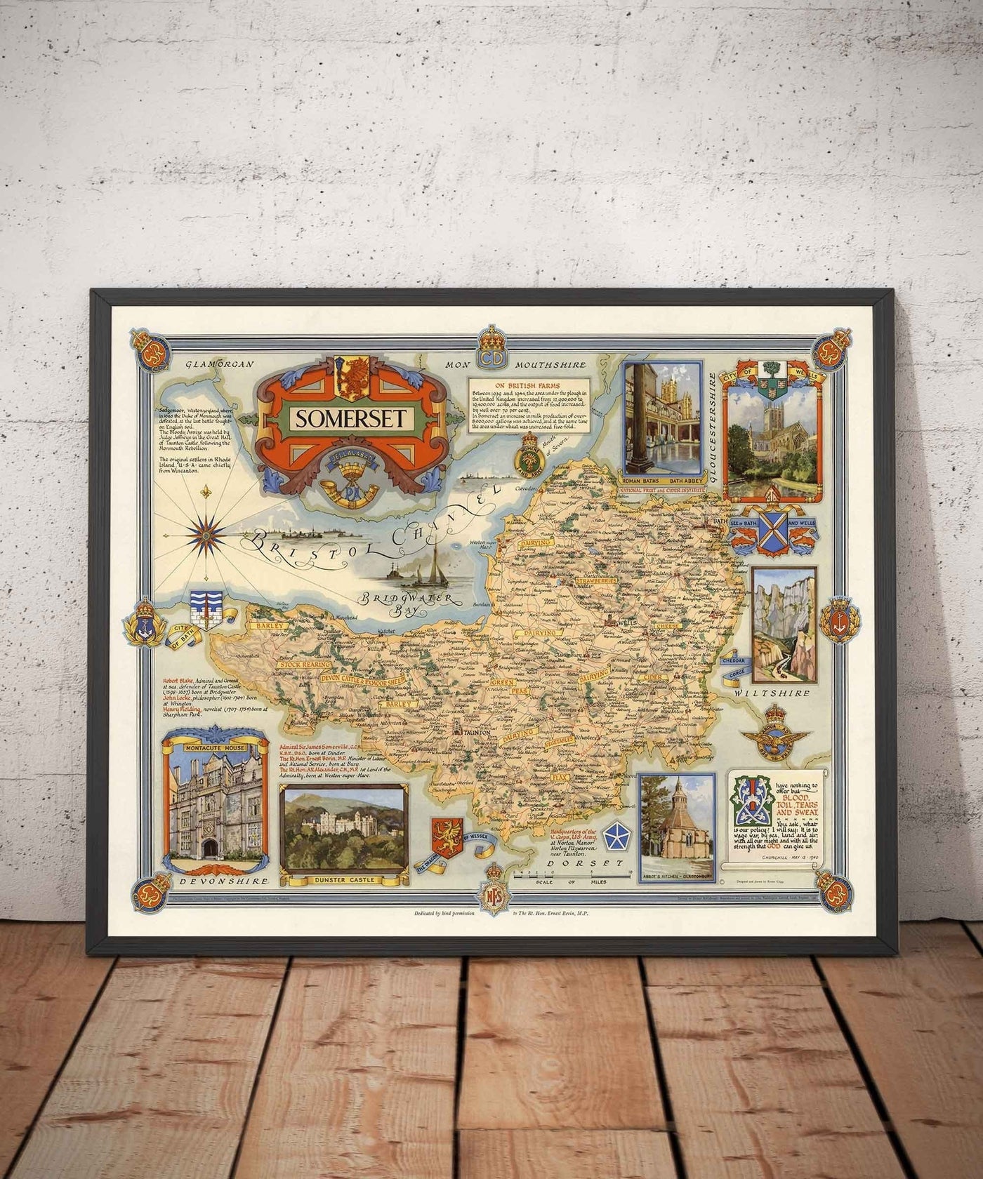 Antiguo mapa de Somerset por Ernest Clegg, 1946 - Bath, Wells, Landmarks, World War 2, West Country, Winston Churchill