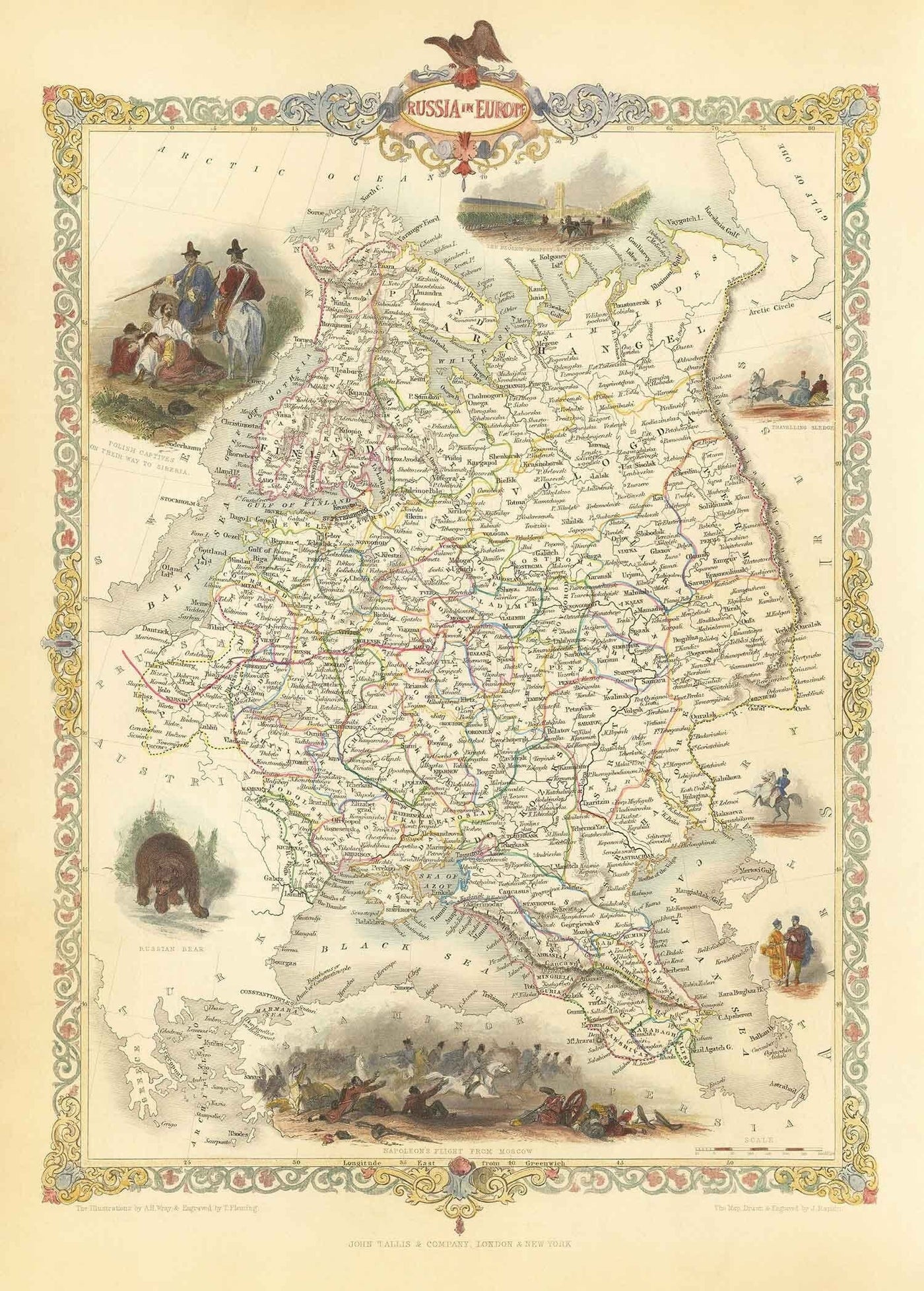Alte Karte des russischen Reiches in Europa, 1851 - Moskau, Napoleon, Finnland, Krim, Ukraine, Minsk, St. Petersburg