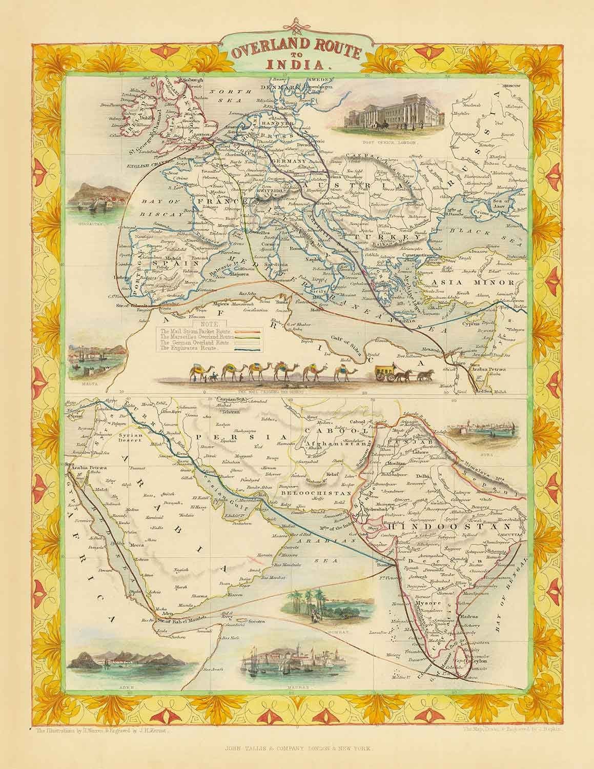 Alte Postroutenkarte: Europa nach Indien, 1851 - Britisches Empire Überlandverkehr - Suez, Kamele, Rotes Meer, Arabien