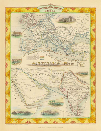 Ancienne carte de la route postale : Europe vers l'Inde, 1851 - Commerce terrestre de l'Empire britannique - Suez, chameaux, mer Rouge, Arabie