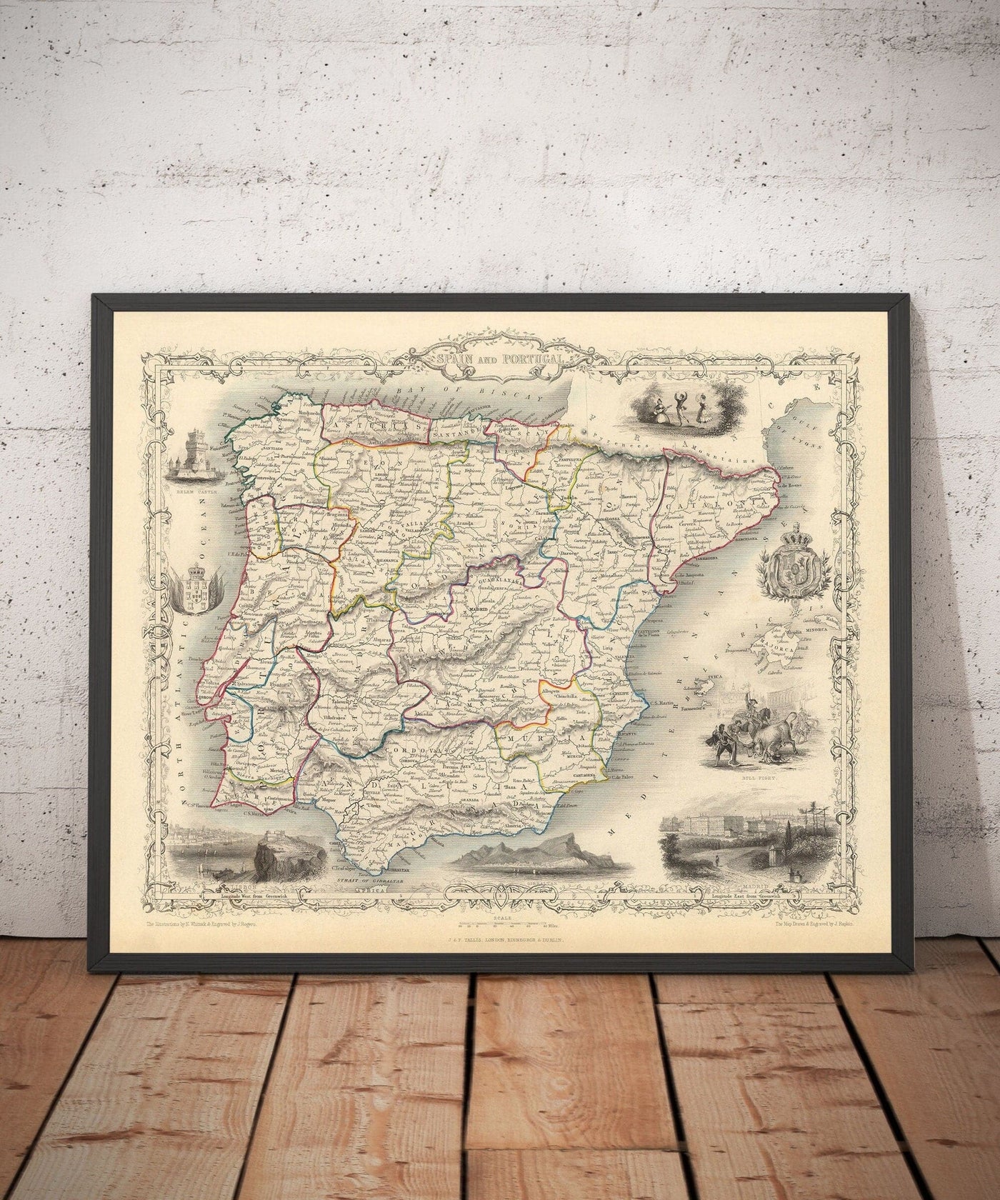 Mapa antiguo de España y Portugal, 1851 - Ilustraciones victorianas - Cataluña, Madrid, Lisboa, Gibraltar, Andalucía
