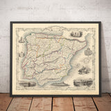 Alte Karte von Spanien und Portugal, 1851 - Viktorianische Illustrationen - Katalonien, Madrid, Lissabon, Gibraltar, Andalusien 