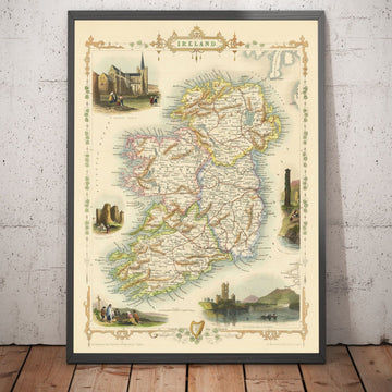 Alte Karte von Irland, Eire 1851 von Tallis & Rapkin - Viktorianische handkolorierte Provinzen, Städte, Dublin, Eisenbahnen 