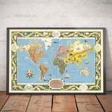 Mappa del Mondo Francese Antico, 1956 - Carte du Monde Atlas di Blondel La Rougery - Mostri Marini, Fusi Orari 