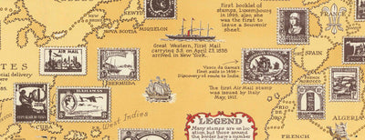 Old Stamp Map of the World, 1947 par E. Chase - Historical Post Office Atlas, monuments, Penny Black
