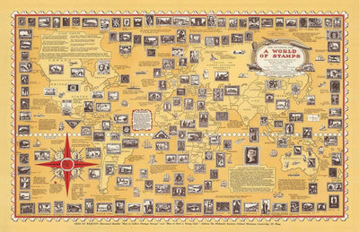 Antiguo mapa del mundo de los sellos, 1947 por E. Chase - Atlas histórico de correos, lugares de interés, Penny Black