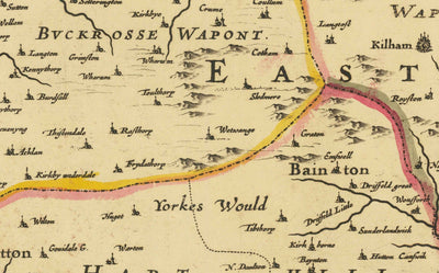 Antiguo mapa de East Yorkshire, 1690 - Hull, Bridlington, Goole, Beverley, Hornsea, Driffield, Howden