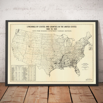 Antica mappa dei linciaggi in America, 1900-1931 - Ingiustizia razziale afroamericana, profondo sud degli Stati Uniti, Jim Crow, KKK 