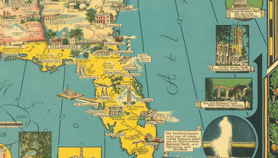 Old Pictorial Map of USA, 1941 par E. Chase - "America the Wonderland" - Des repères illustrés, des merveilles naturelles