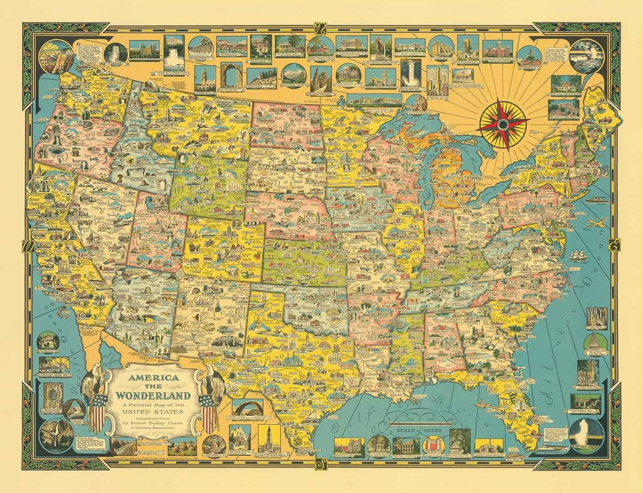 Vecchia mappa illustrata degli USA, 1941 di E. Chase - "America il Paese delle Meraviglie" - Luoghi illustrati, meraviglie naturali 