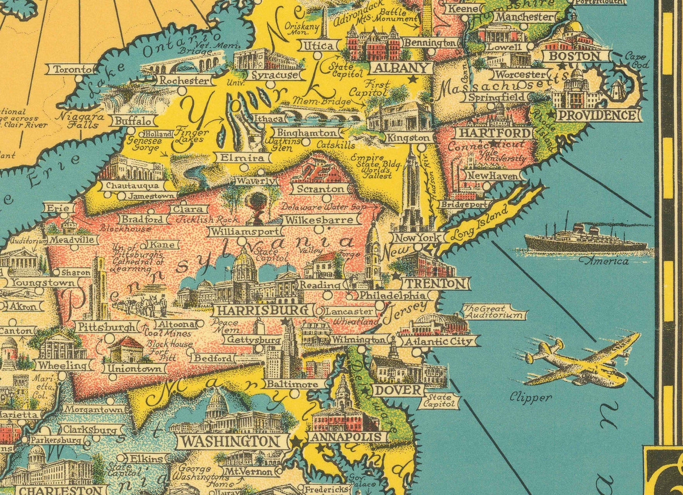 Old Pictorial Map of USA, 1941 von E. Chase - "America the Wonderland" - Illustrierte Wahrzeichen, natürliche Wunder