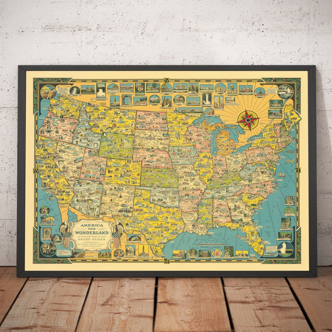 Antiguo mapa pictórico de EE.UU., 1941 por E. Chase - "América el País de las Maravillas" - Lugares de interés ilustrados, maravillas naturales