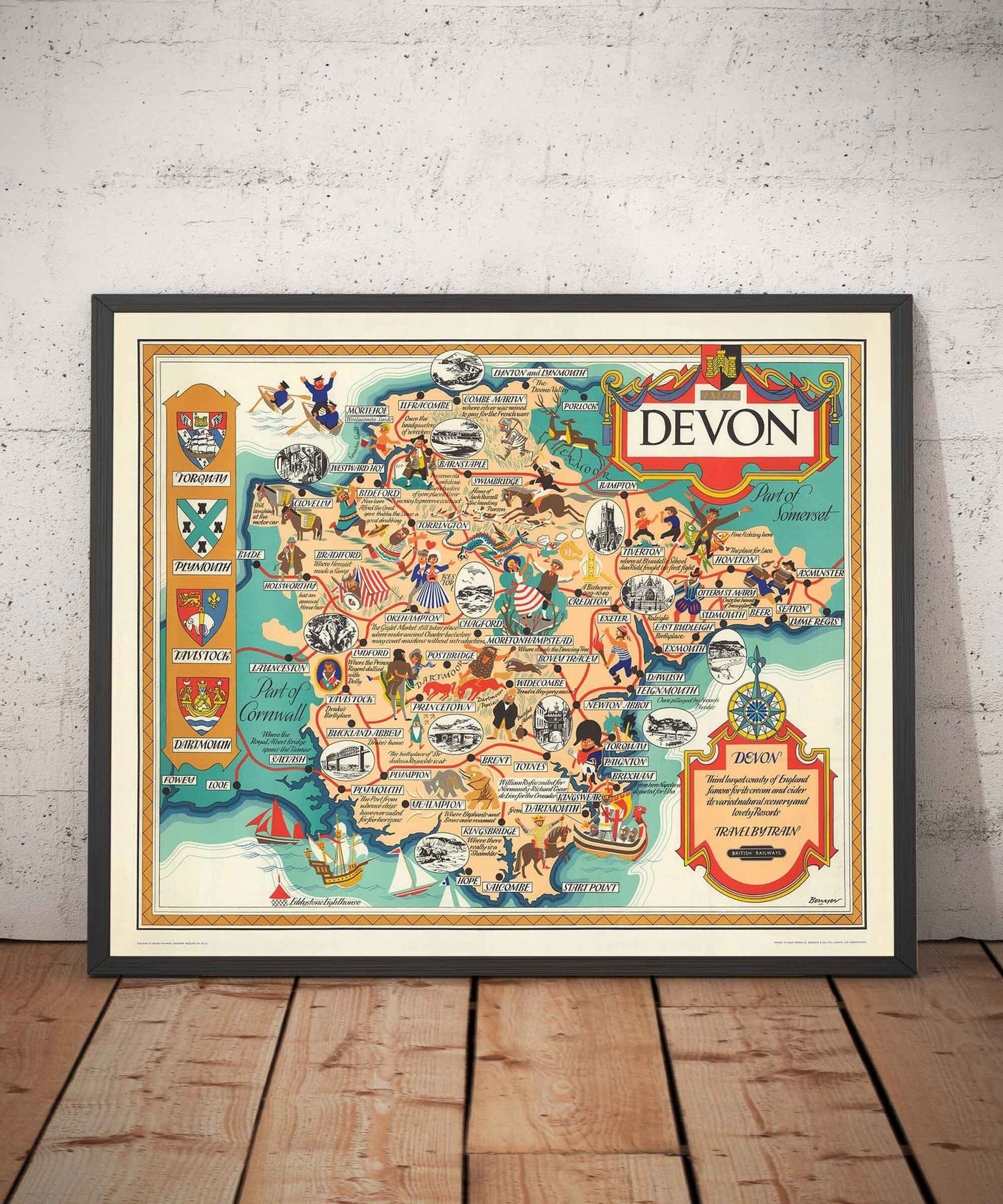 Antiguo mapa pictórico de Devon, 1950 por Bowyer - Ferrocarril británico, Torquay, Torrington, Clovelly, West Country