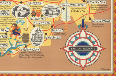 Old Pictorial Map of Somerset, 1950 - British Railway, Weston-super-Mare, Somerton, Dulverton, Bath, West Country