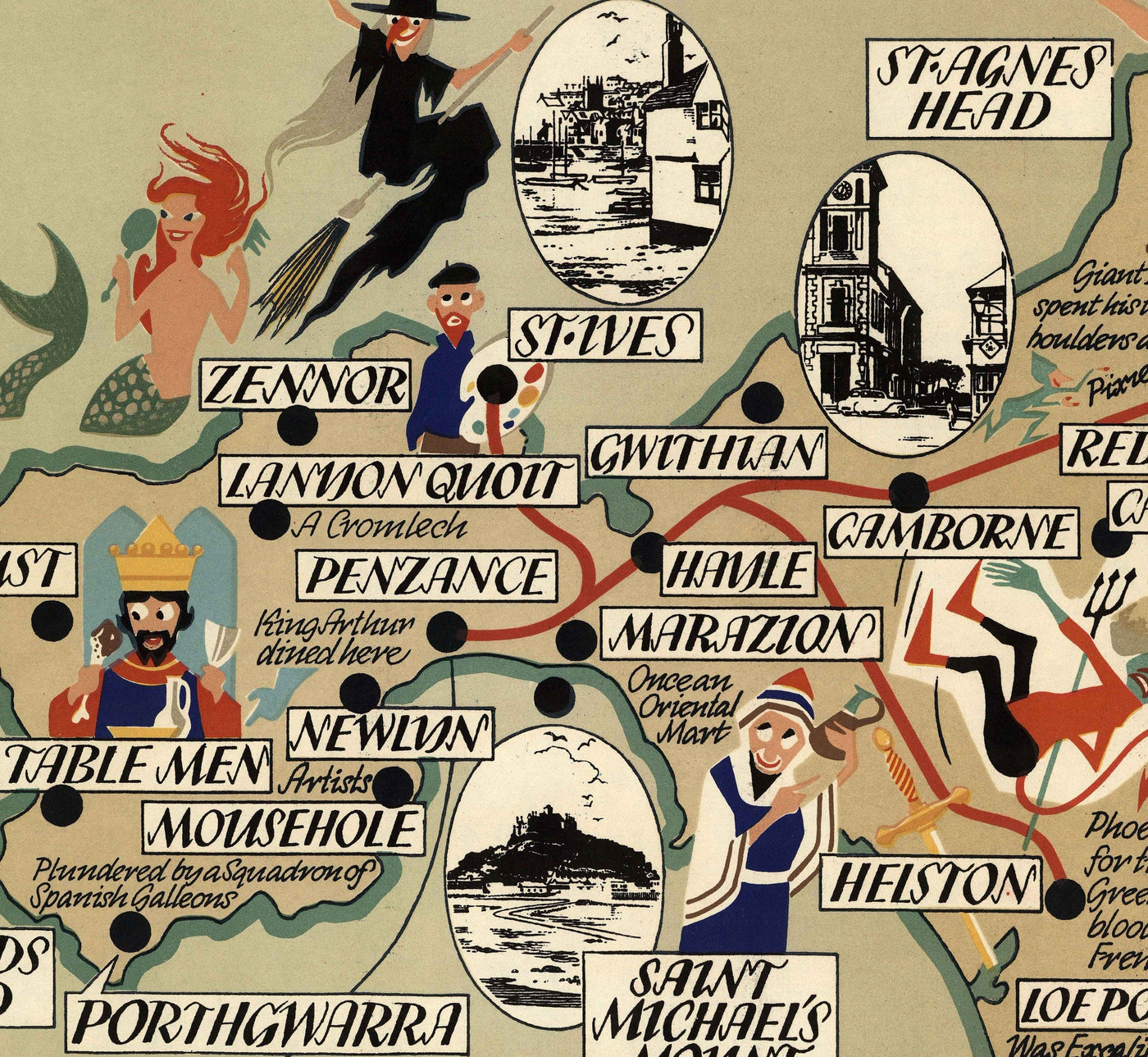 Alte Bildkarte von Cornwall, 1950 von Bowyer - British Railway, St. Ives, Newquay, Plymouth, Truro, West Country