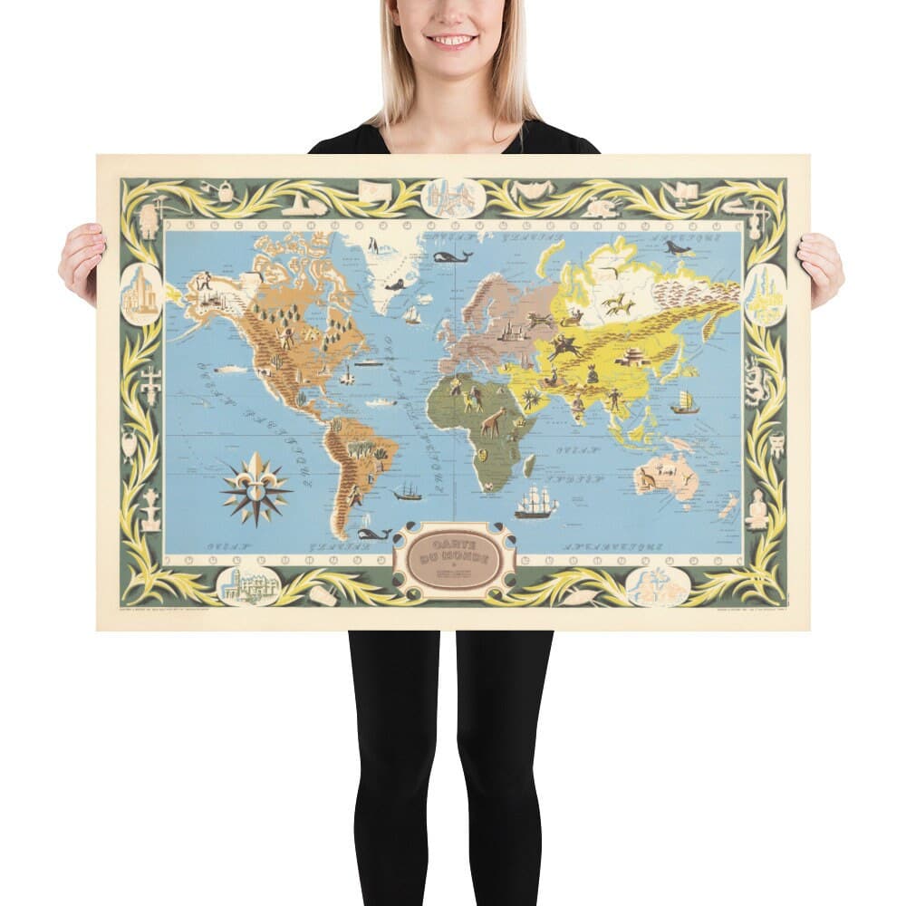 Old French World Map, 1956 - Carte du Monde Atlas par Blondel La Rouger