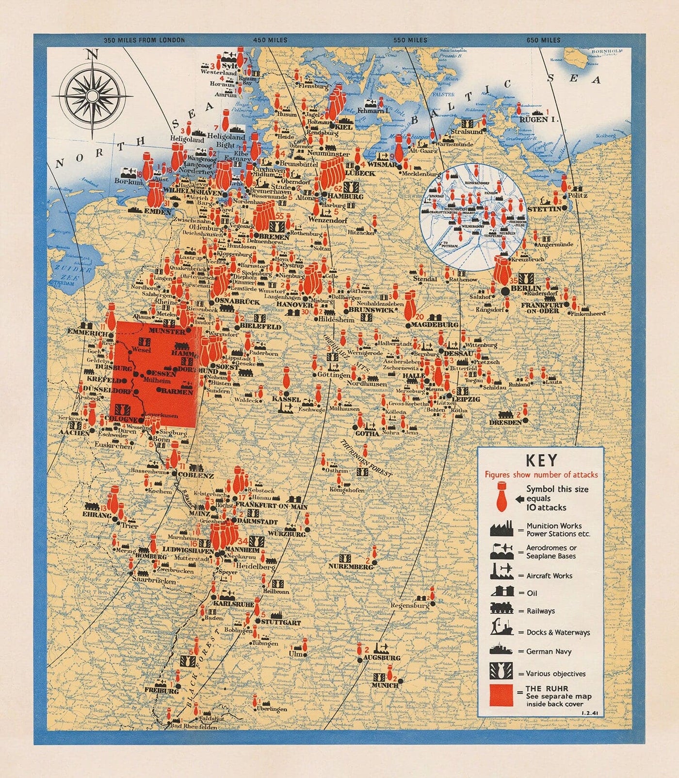 Die Luftoffensive gegen Deutschland, 1941 - Alte Bombenkarte des Zweiten Weltkriegs - Propaganda des British RAF & Luftministeriums