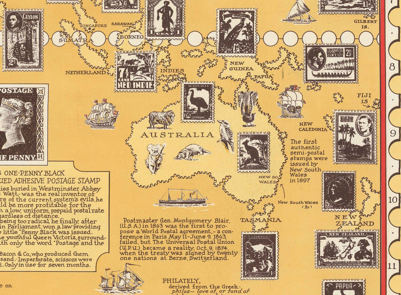 Antiguo mapa del mundo de los sellos, 1947 por E. Chase - Atlas histórico de correos, lugares de interés, Penny Black