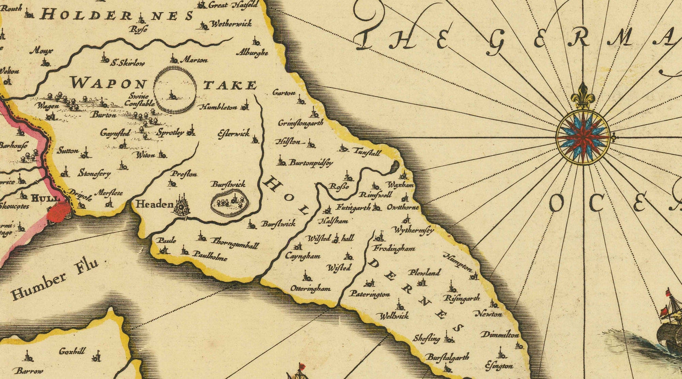 Alte Karte von East Yorkshire, 1690 - Hull, Bridlington, Goole, Beverley, Hornsea, Driffield, Howden