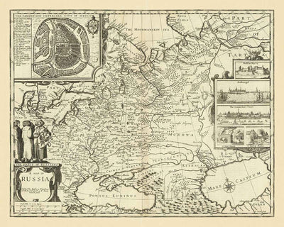 Antiguo mapa de Rusia, 1676 por John Speed - El imperio ruso de Pedro el Grande, la vieja Europa, Moscú, Kiev, los tártaros, Ucrania