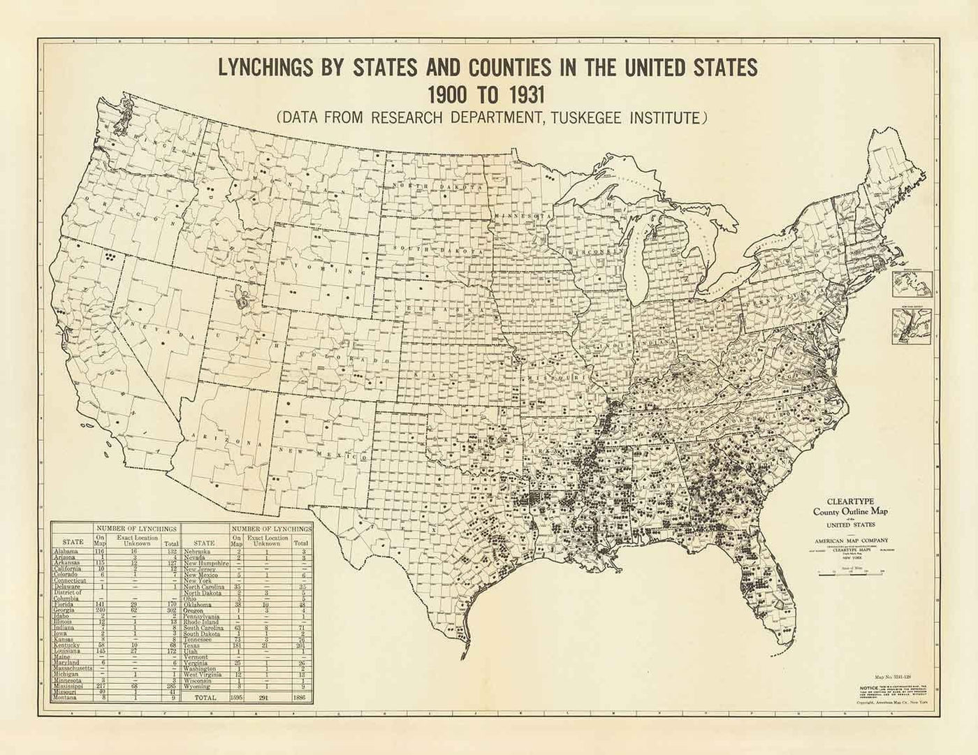 Old Map of Lynchings in America, 1900-1931 - Afro-American Racial Injustice, Deep South USA, Jim Crow, KKK